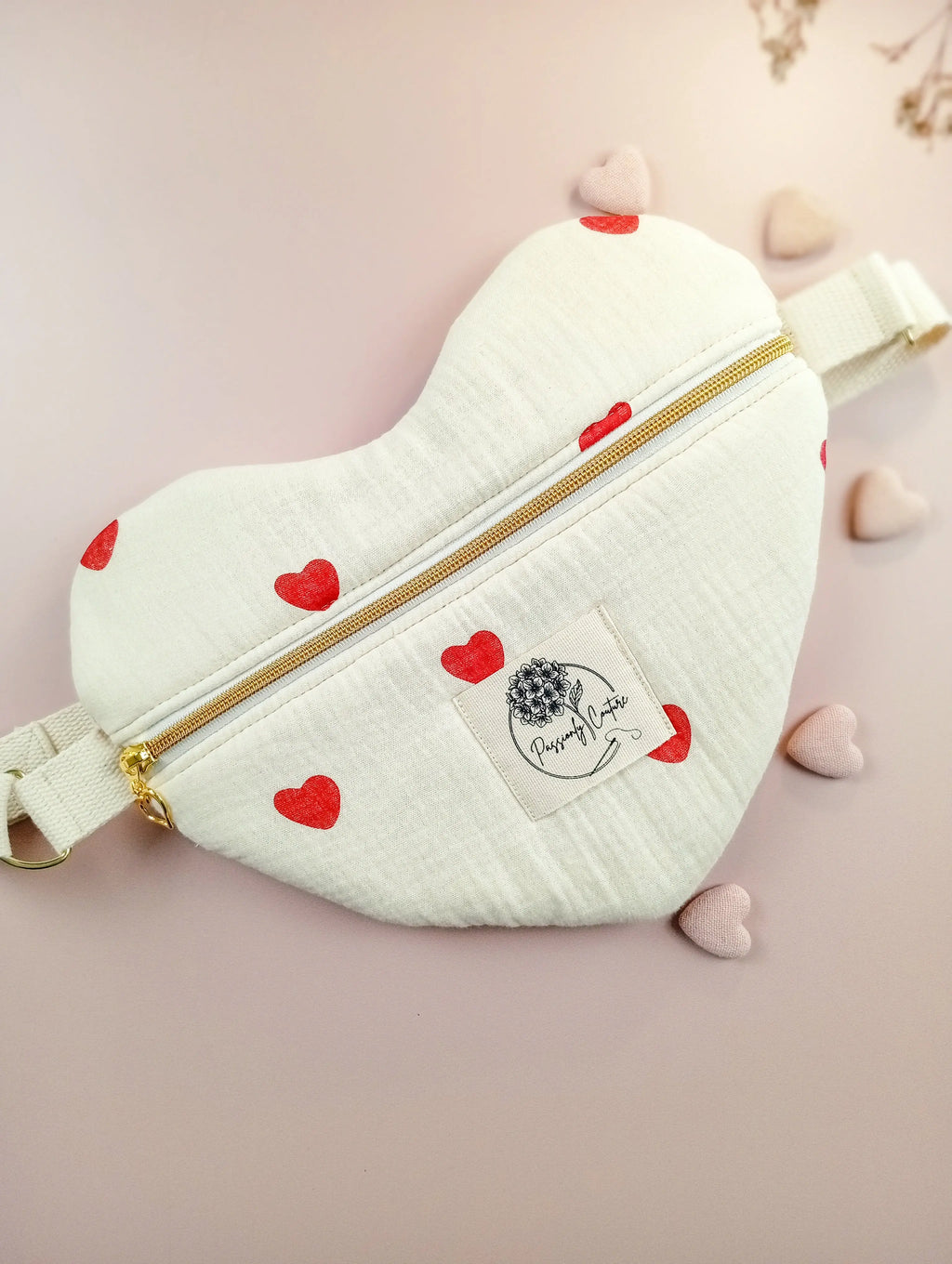 Besace coeur femme en double gaze 100%coton bio coloris vanille imprimé coeur - Passionly Couture