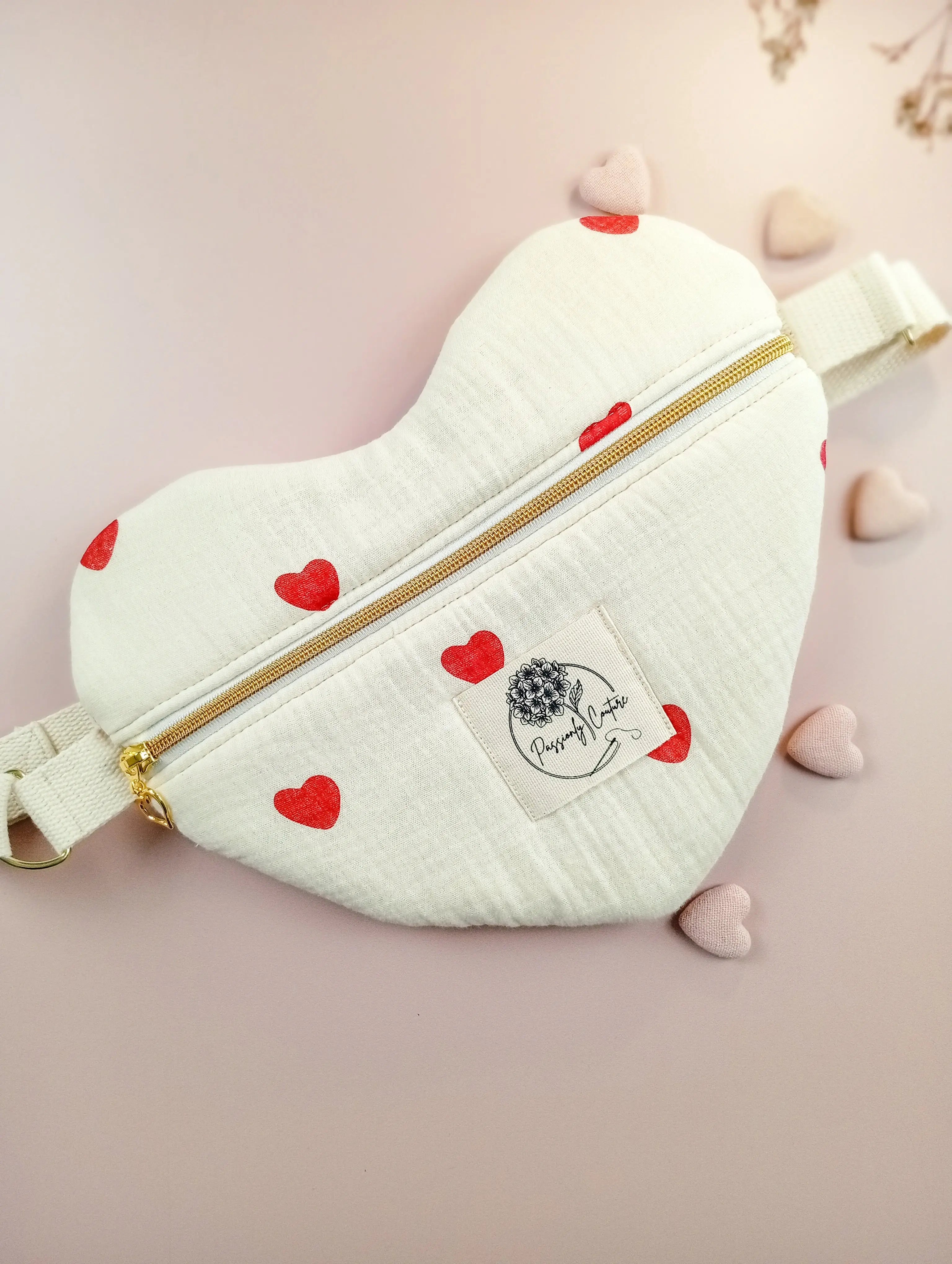 Besace coeur femme en double gaze 100%coton bio coloris vanille imprimé coeur - Passionly Couture
