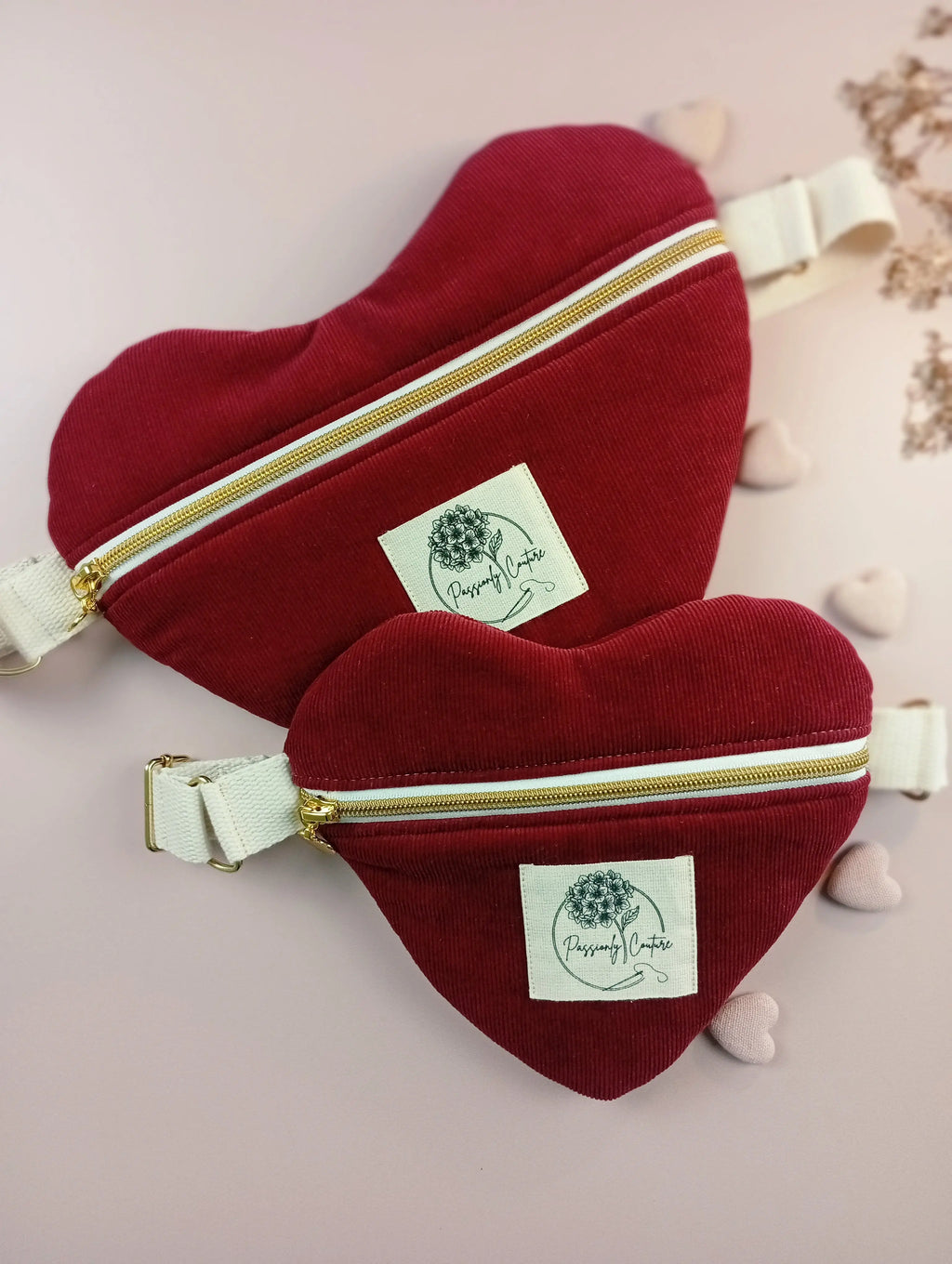 besace coeur velours milleraie bordeaux 100% coton biologique vuede face duo matchy-matchy - Passionly Couture 