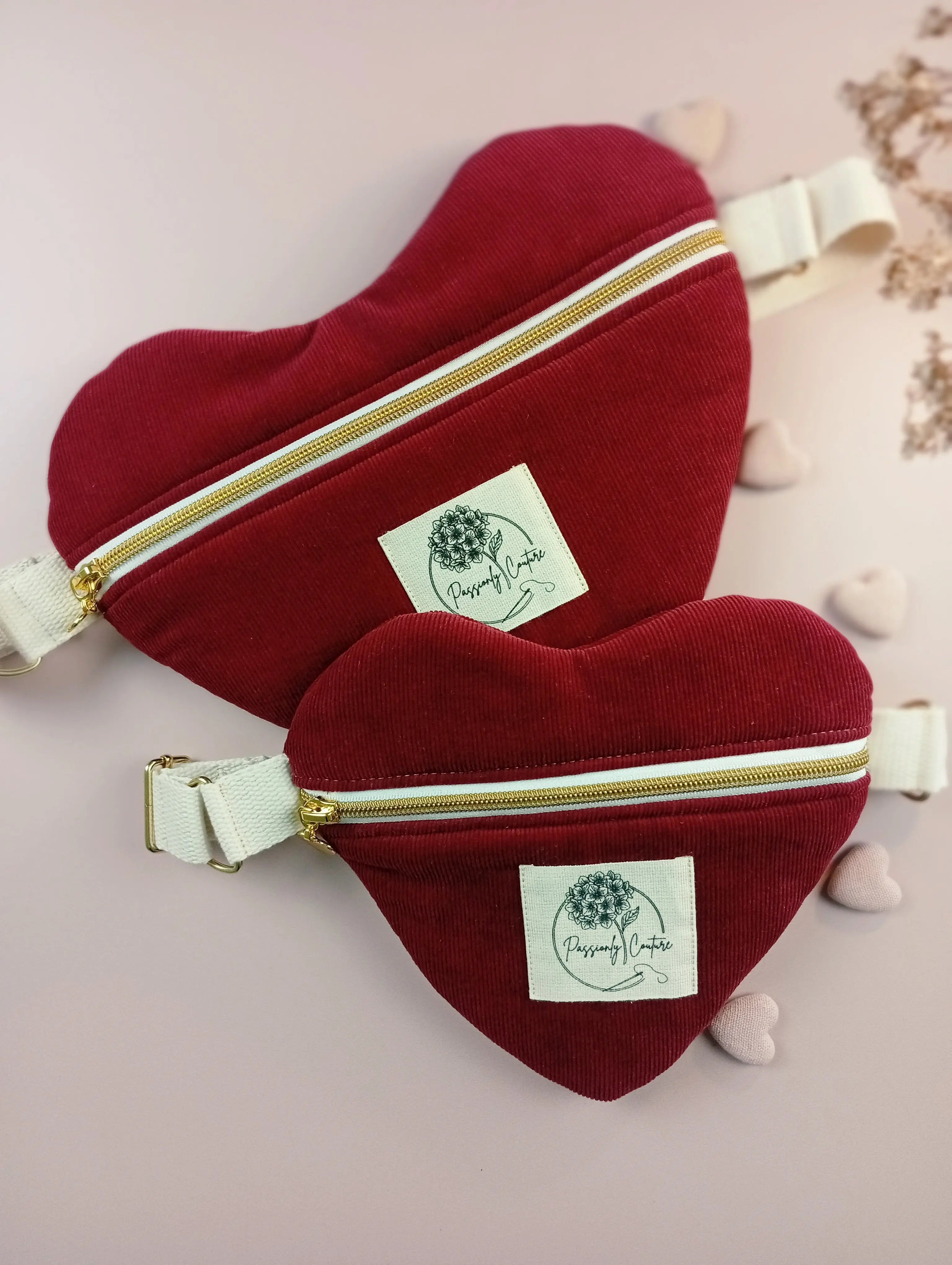 besace coeur velours milleraie bordeaux 100% coton biologique vuede face duo matchy-matchy - Passionly Couture 