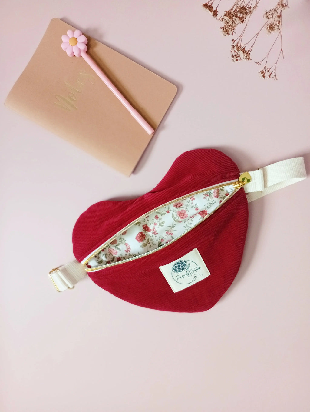 besace coeur velours milleraie bordeaux 100% coton biologique vue de face intérieur -  Passionly Couture 