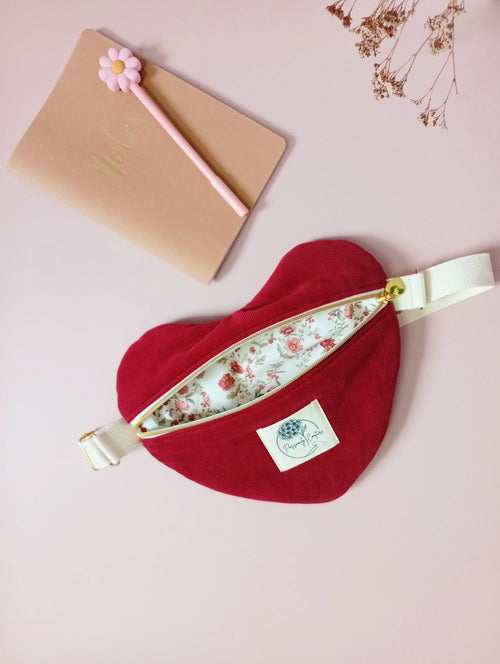besace coeur velours milleraie bordeaux 100% coton biologique vue de face intérieur -  Passionly Couture 
