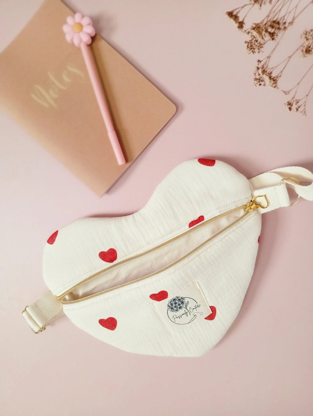 Besace coeur femme en double gaze 100%coton bio coloris vanille imprimé coeur ouvert - Passionly Couture